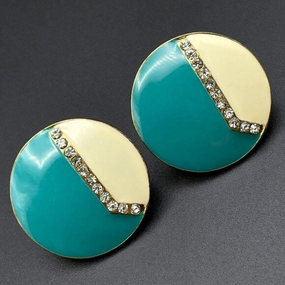 Yellow Gold with Teal and White Enamel and White Diamond Crystal Post Earrings - Picture 1 of 8